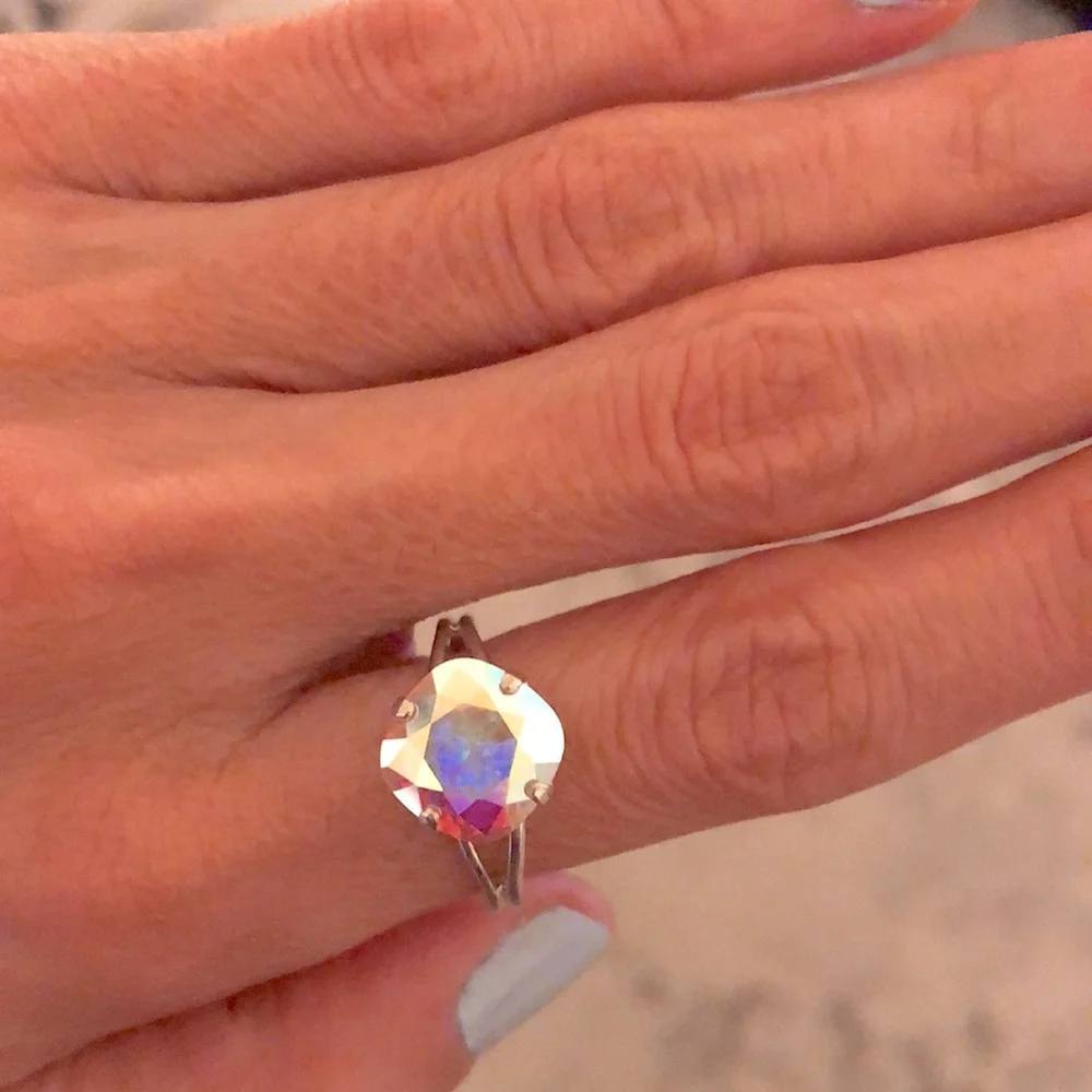 Aurora Borealis + Silver Cushion Cut Crystal Ring